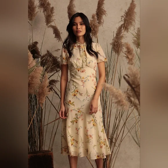 Maggy London Neck Tie Floral Print Midi Sheath Dress
